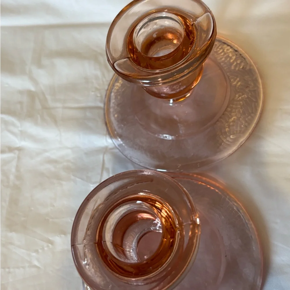 Vintage Pair of Depression‎ Glass Candlestick Holders Light Pink Collectible